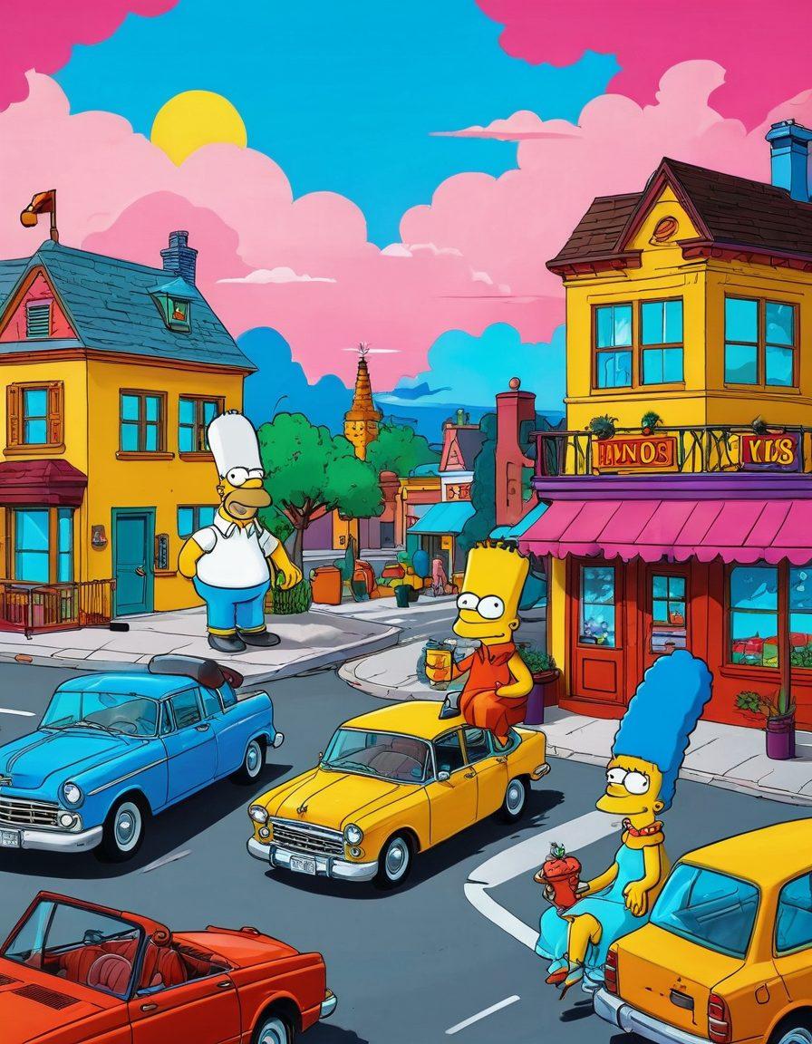 A vibrant and quirky scene inspired by The Simpsons, featuring cartoon characters engaging in playful romantic adventures, surrounded by iconic landmarks from Springfield. Infuse elements of humor and sensuality, with bright colors and exaggerated expressions capturing the essence of love and desire. The background includes a mix of whimsical details like the Kwik-E-Mart and Moe's Tavern, blending fantasy and reality. Pop art style illustration. bold colors. light-hearted and fun.